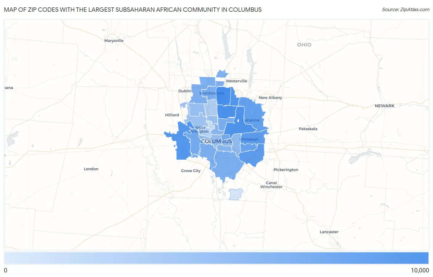 Zip Codes with the Largest Subsaharan African Community in Columbus Map