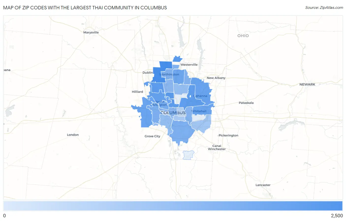 Zip Codes with the Largest Thai Community in Columbus Map