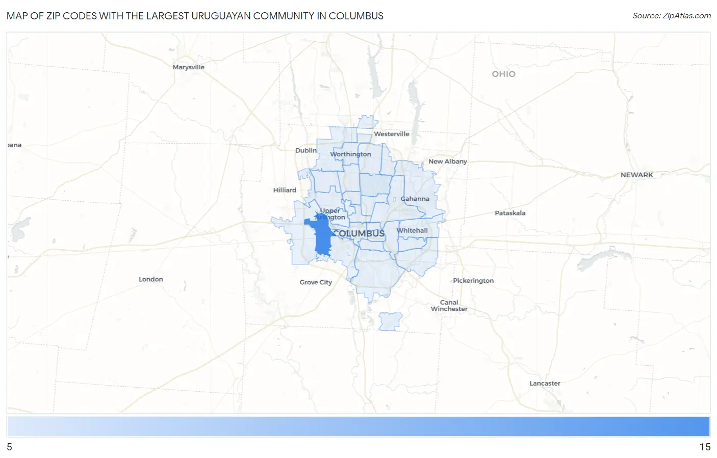 Zip Codes with the Largest Uruguayan Community in Columbus Map