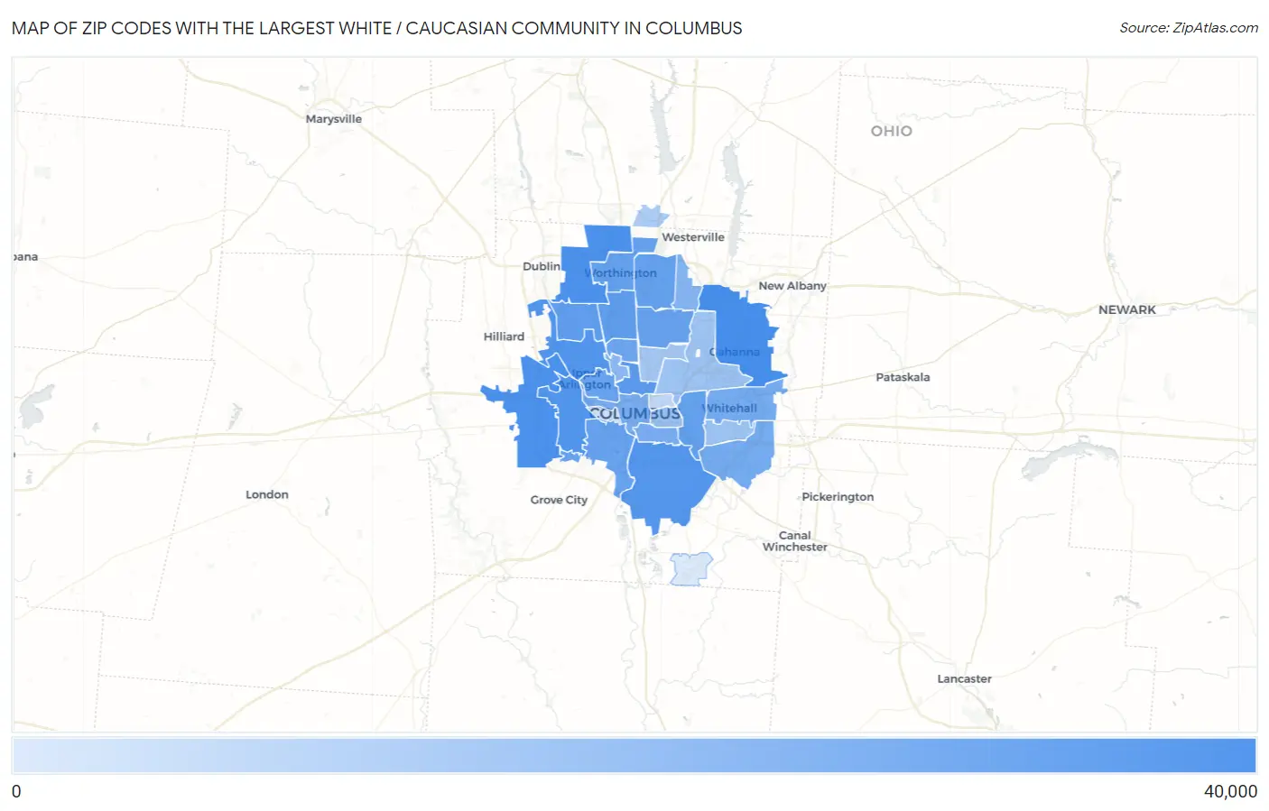 Zip Codes with the Largest White / Caucasian Community in Columbus Map