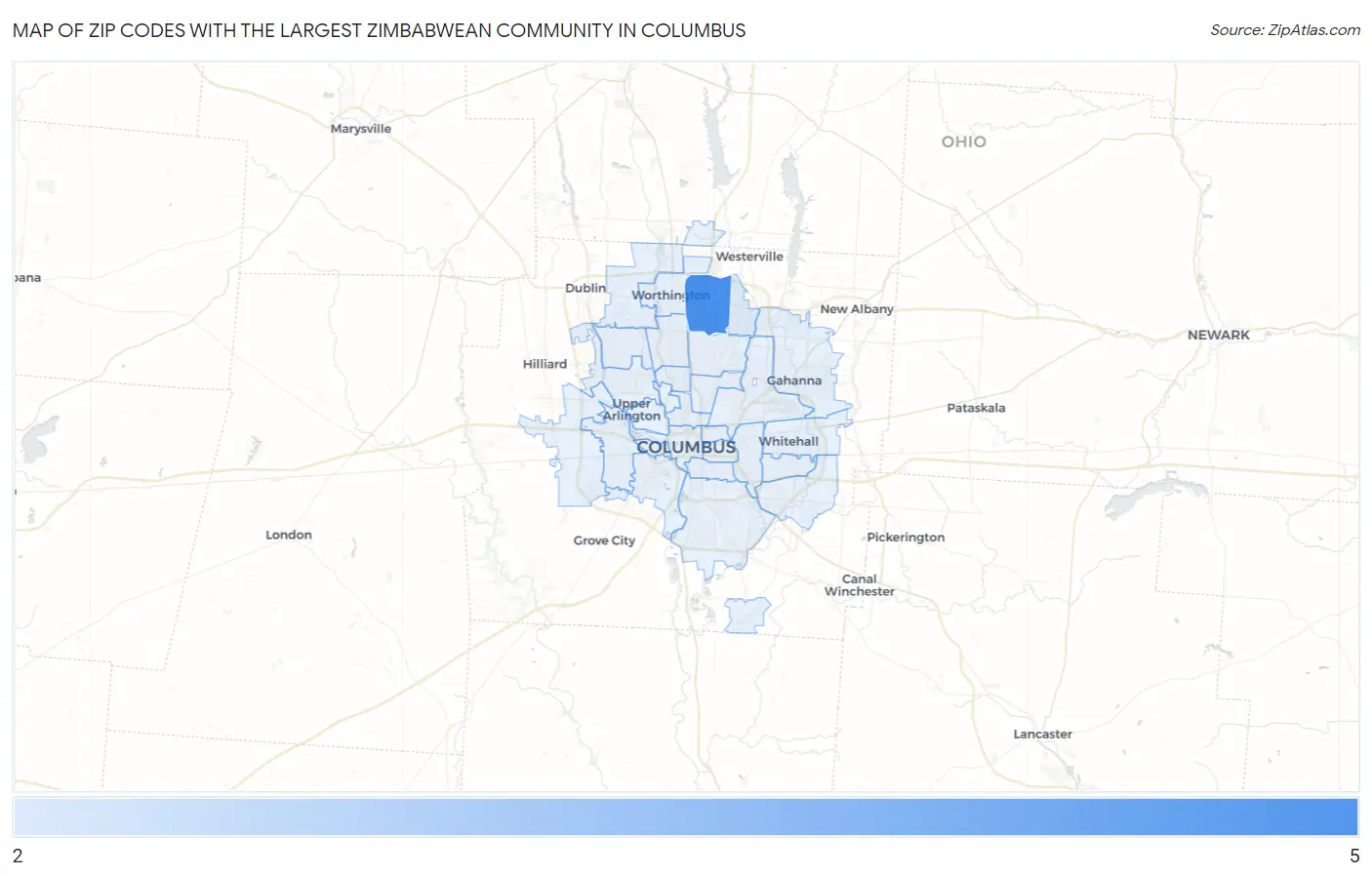 Zip Codes with the Largest Zimbabwean Community in Columbus Map