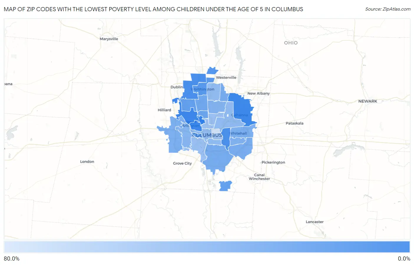 Zip Codes with the Lowest Poverty Level Among Children Under the Age of 5 in Columbus Map