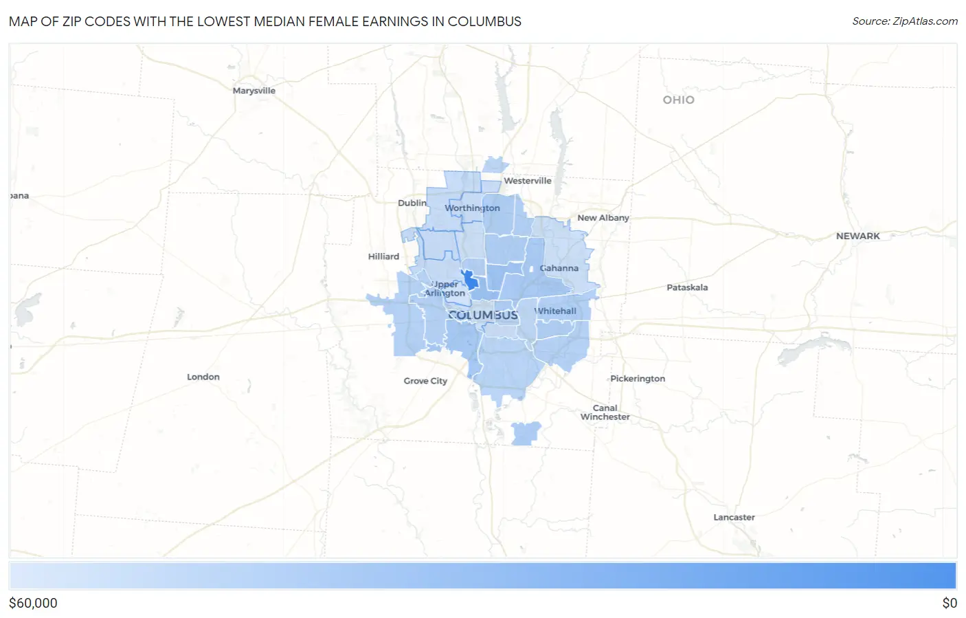 Zip Codes with the Lowest Median Female Earnings in Columbus Map