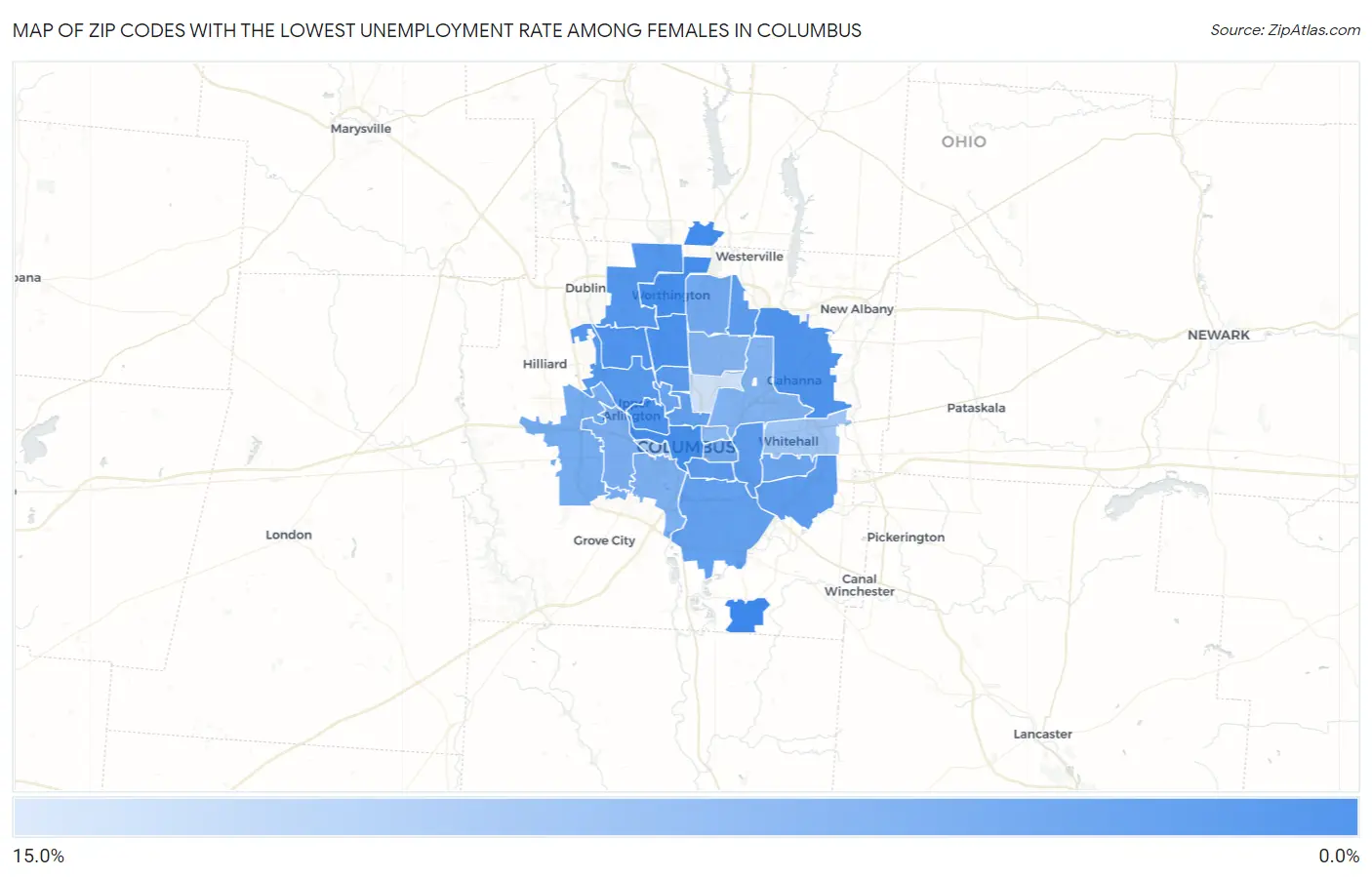 Zip Codes with the Lowest Unemployment Rate Among Females in Columbus Map