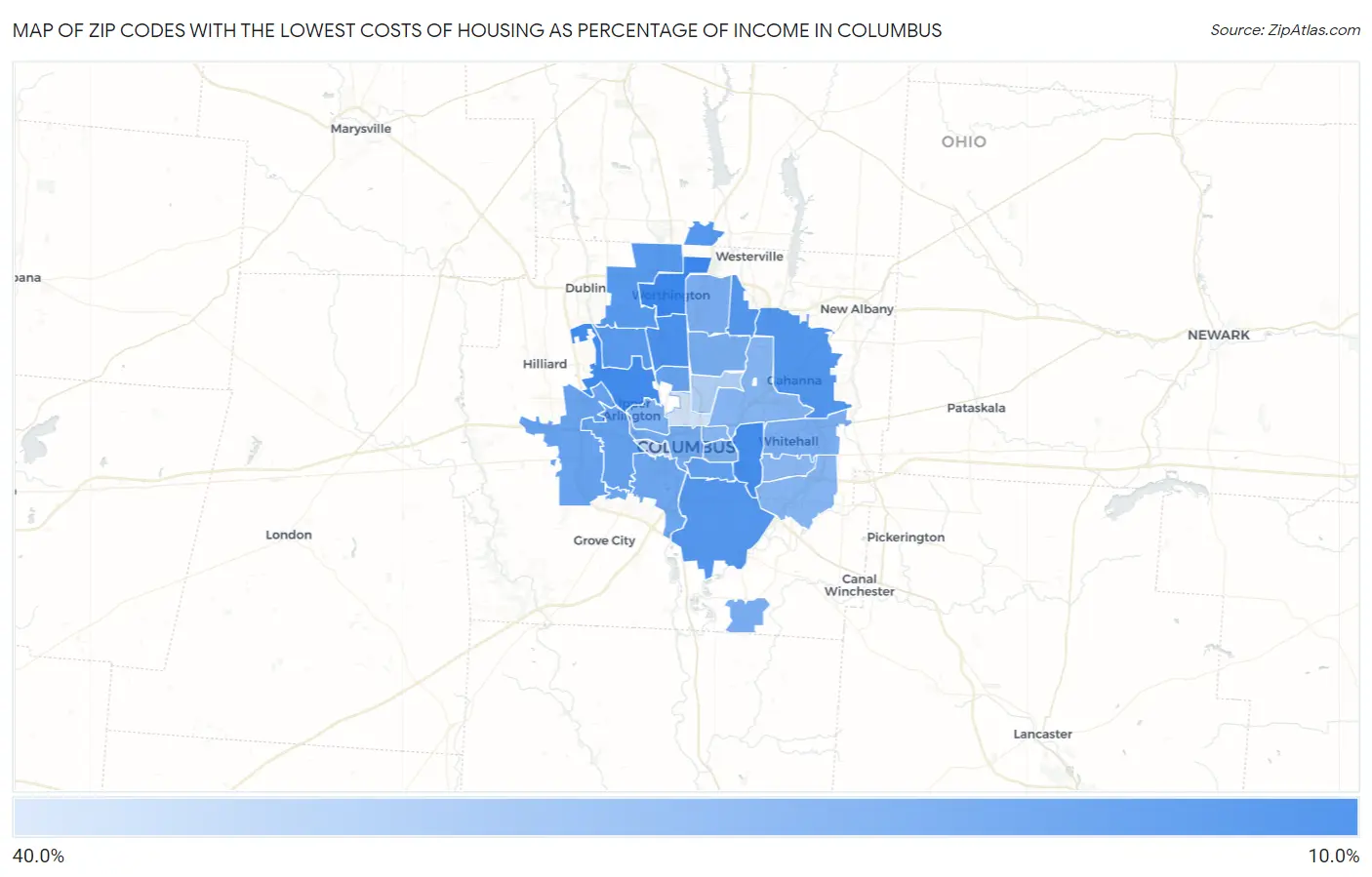 Zip Codes with the Lowest Costs of Housing as Percentage of Income in Columbus Map