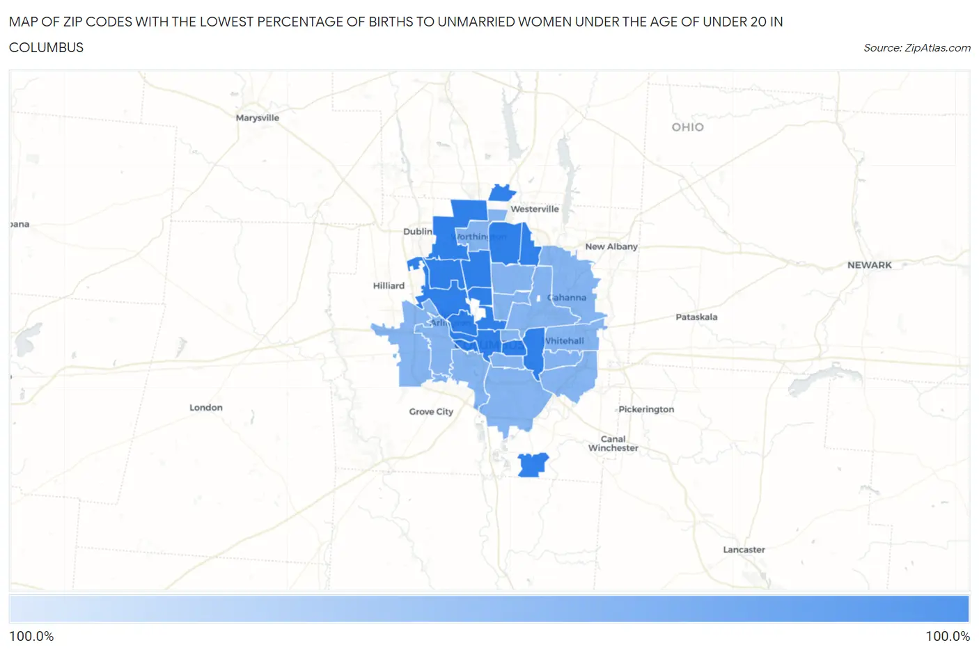 Zip Codes with the Lowest Percentage of Births to Unmarried Women under the Age of under 20 in Columbus Map