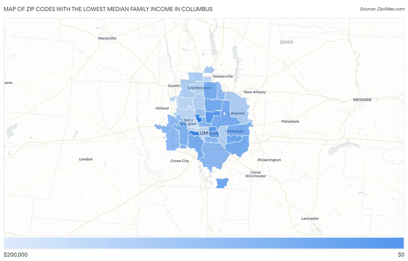 Zip Codes with the Lowest Median Family Income in Columbus Map