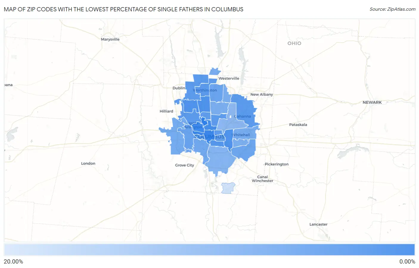 Zip Codes with the Lowest Percentage of Single Fathers in Columbus Map