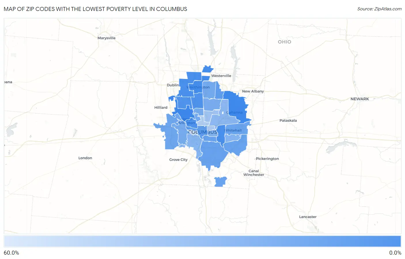 Zip Codes with the Lowest Poverty Level in Columbus Map