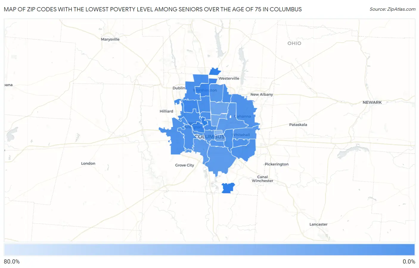 Zip Codes with the Lowest Poverty Level Among Seniors Over the Age of 75 in Columbus Map