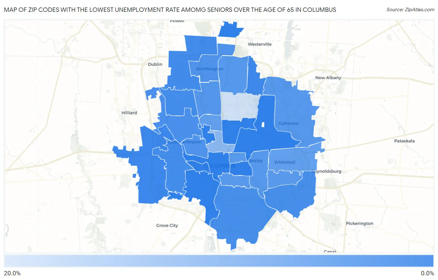 Zip Codes with the Lowest Unemployment Rate Amomg Seniors Over the Age of 65 in Columbus Map