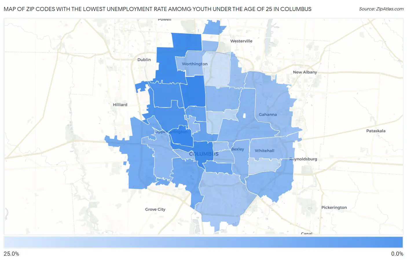 Zip Codes with the Lowest Unemployment Rate Amomg Youth Under the Age of 25 in Columbus Map