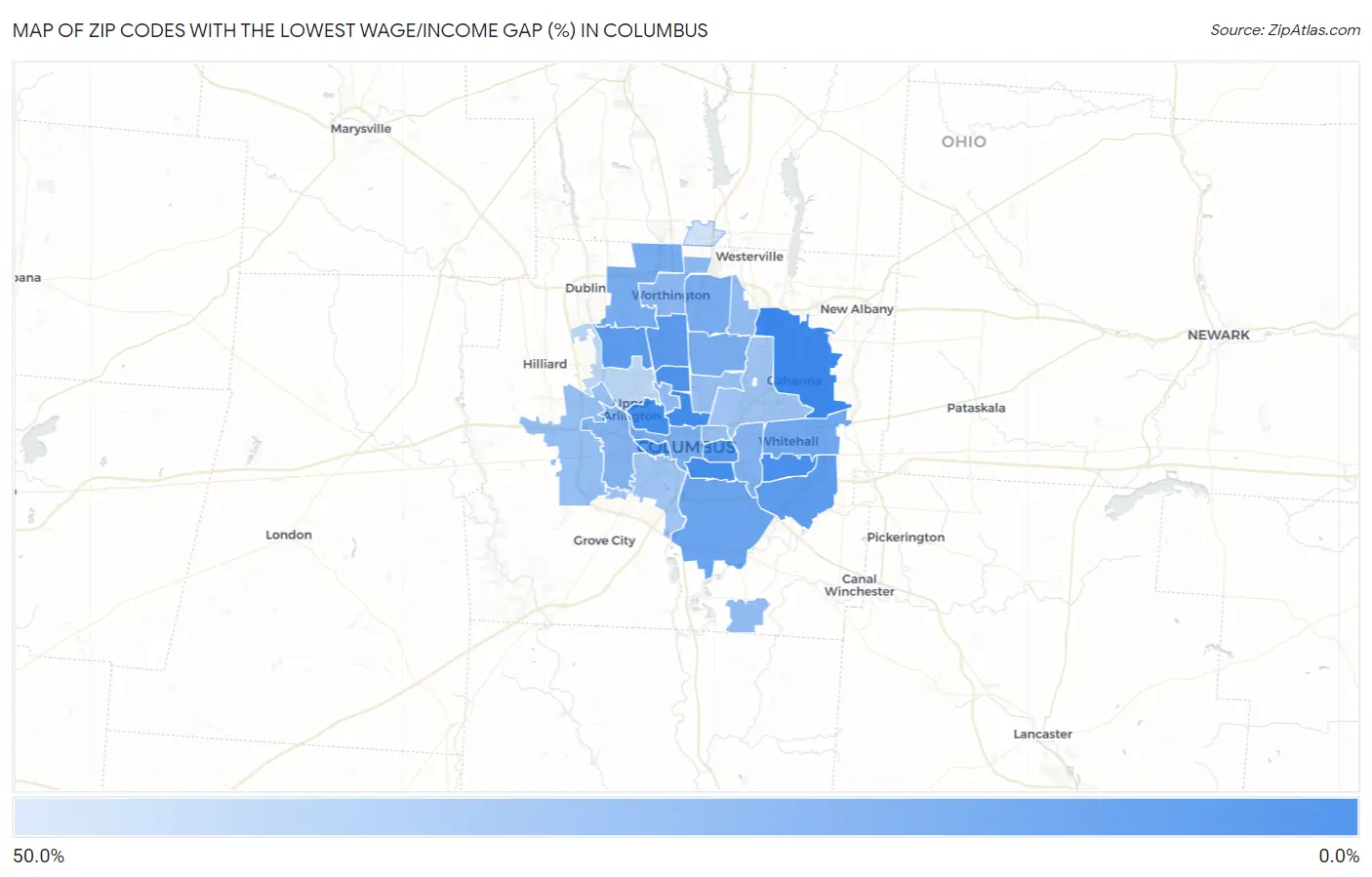 Zip Codes with the Lowest Wage/Income Gap (%) in Columbus Map