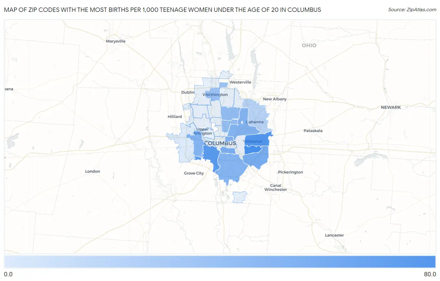 Zip Codes with the Most Births per 1,000 Teenage Women Under the Age of 20 in Columbus Map