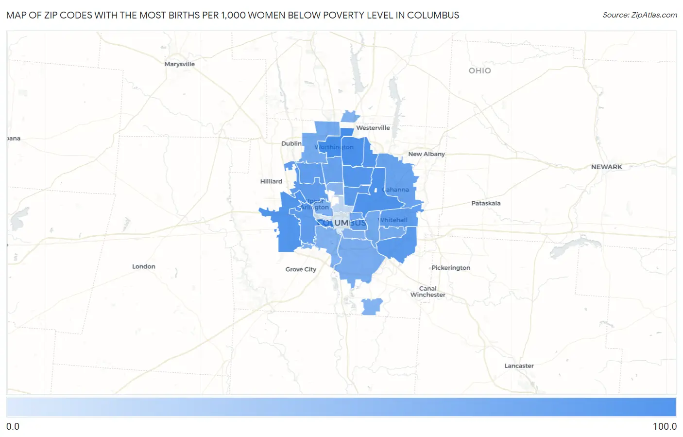 Zip Codes with the Most Births per 1,000 Women Below Poverty Level in Columbus Map