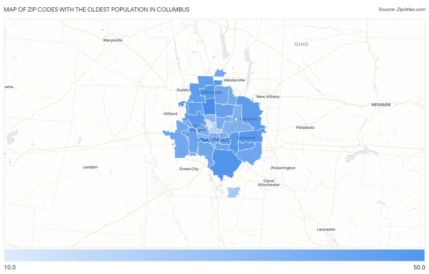 Zip Codes with the Oldest Population in Columbus Map