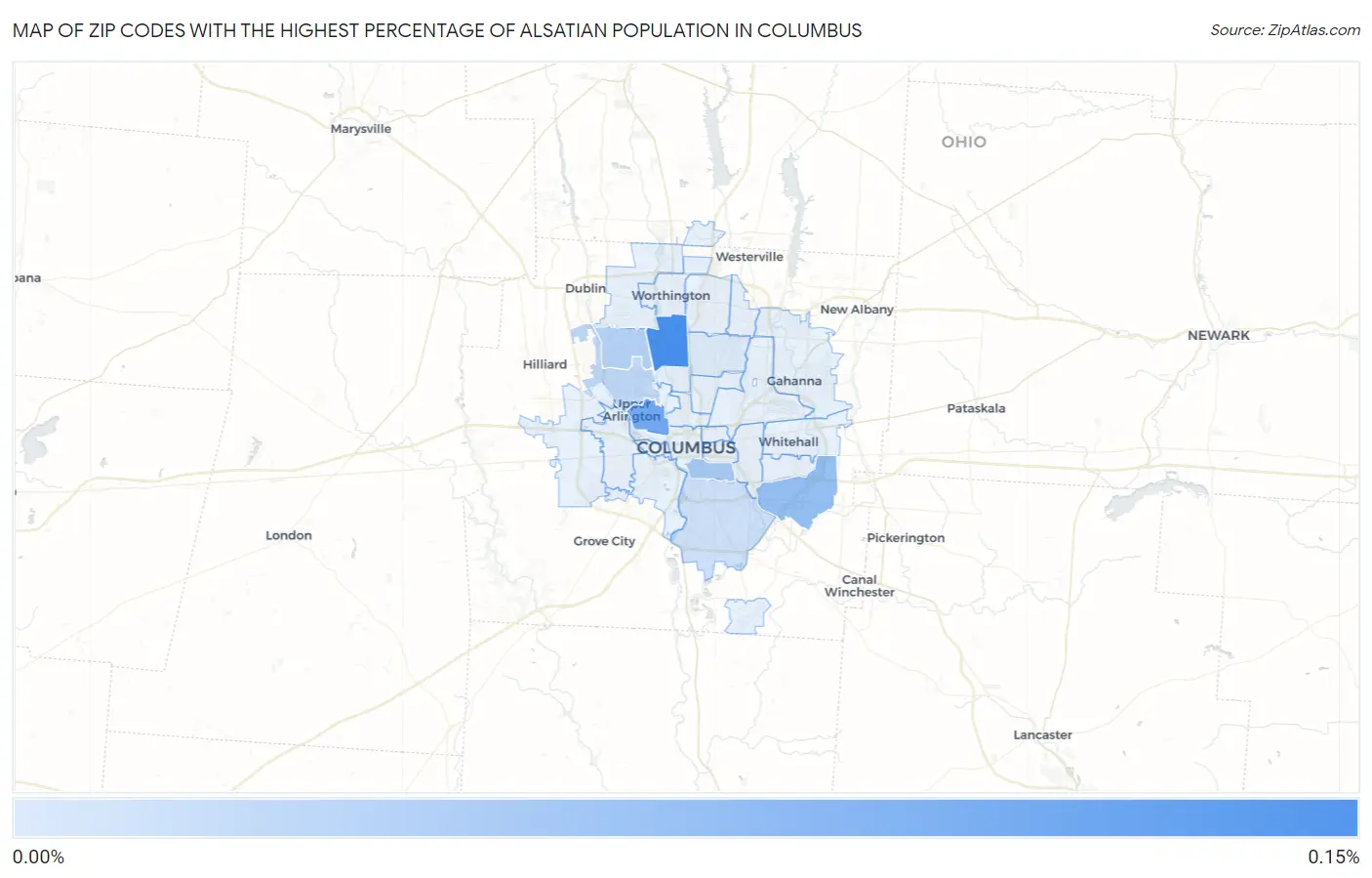 Zip Codes with the Highest Percentage of Alsatian Population in Columbus Map