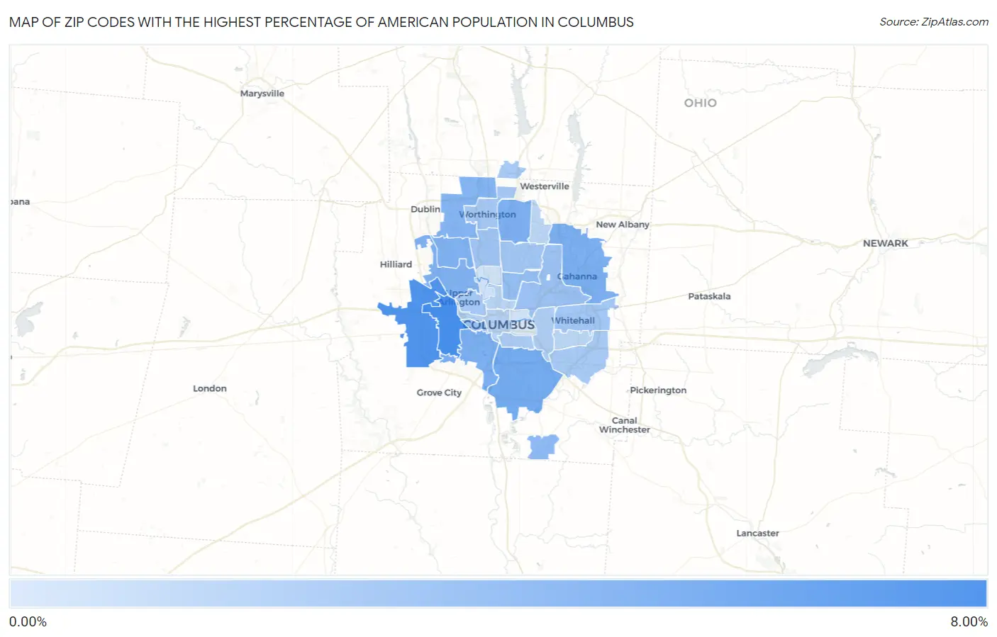 Zip Codes with the Highest Percentage of American Population in Columbus Map