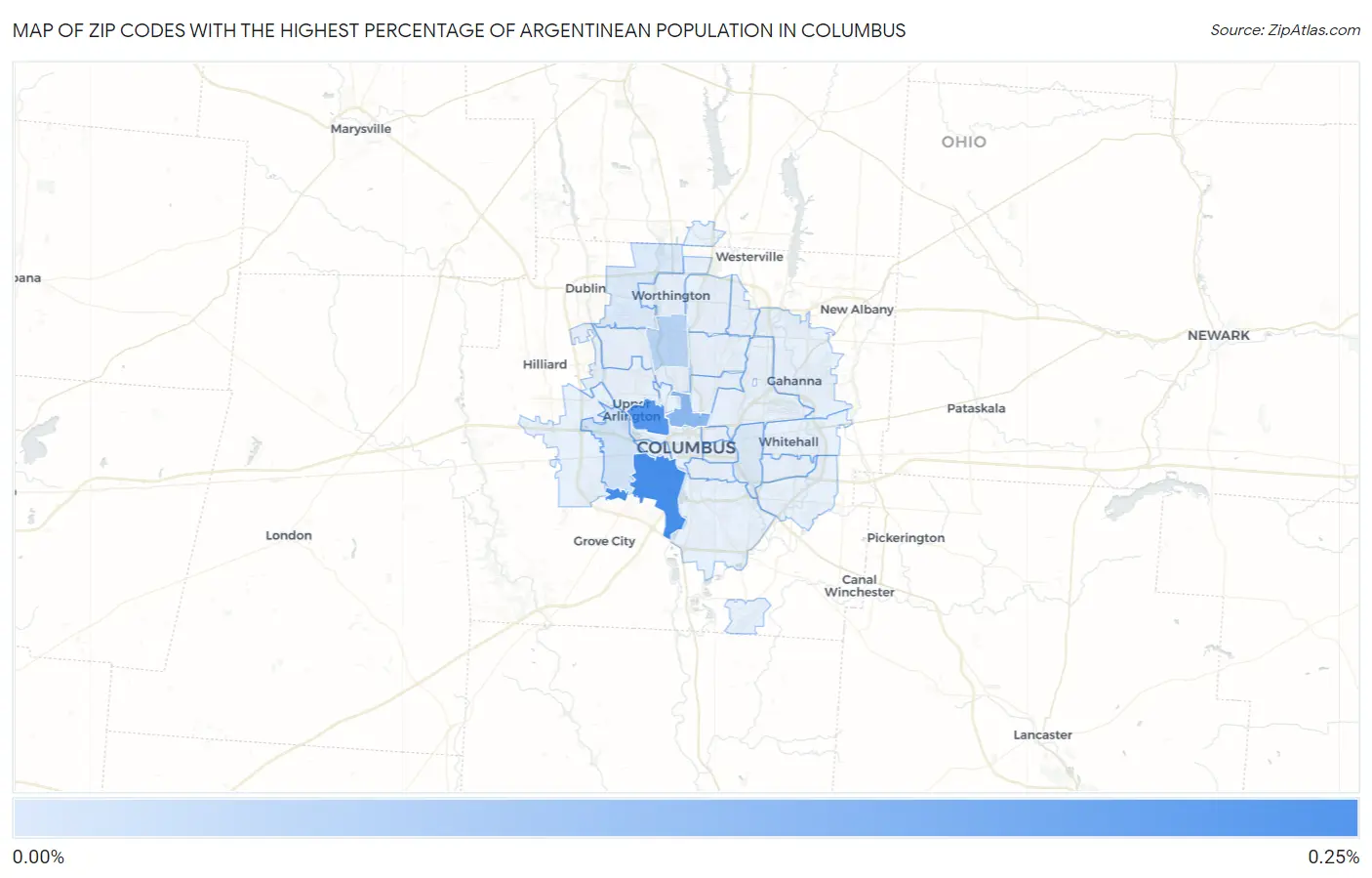 Zip Codes with the Highest Percentage of Argentinean Population in Columbus Map