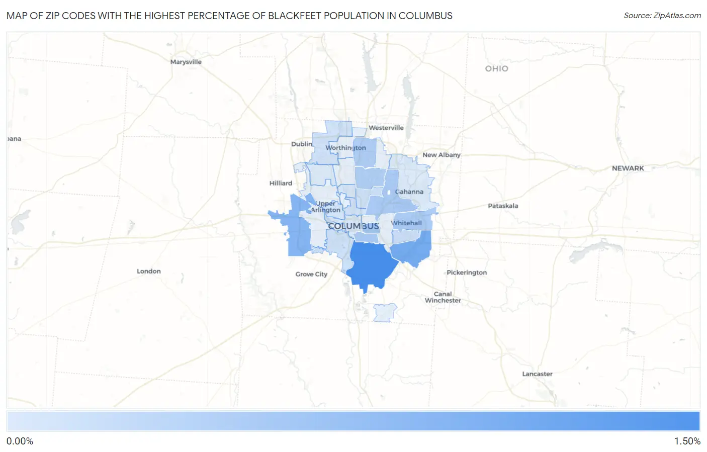 Zip Codes with the Highest Percentage of Blackfeet Population in Columbus Map