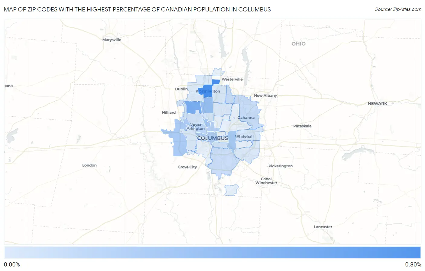 Zip Codes with the Highest Percentage of Canadian Population in Columbus Map