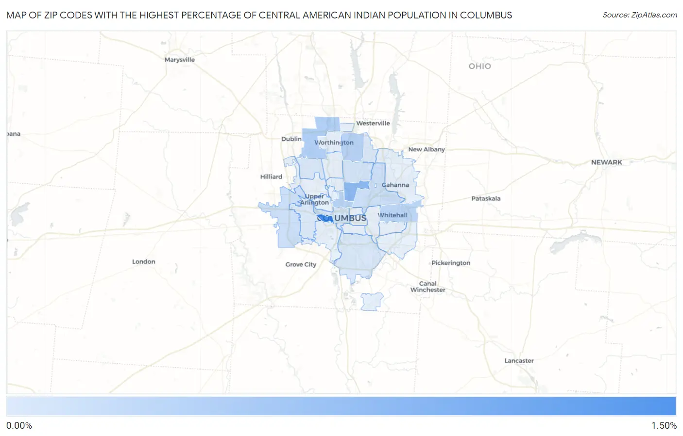 Zip Codes with the Highest Percentage of Central American Indian Population in Columbus Map