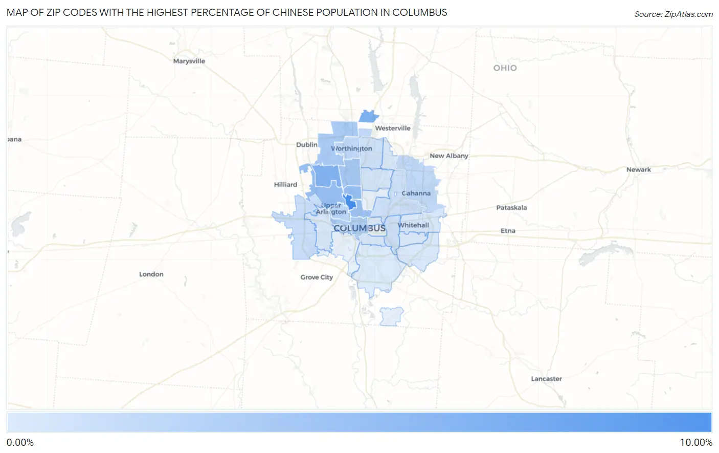 Zip Codes with the Highest Percentage of Chinese Population in Columbus Map