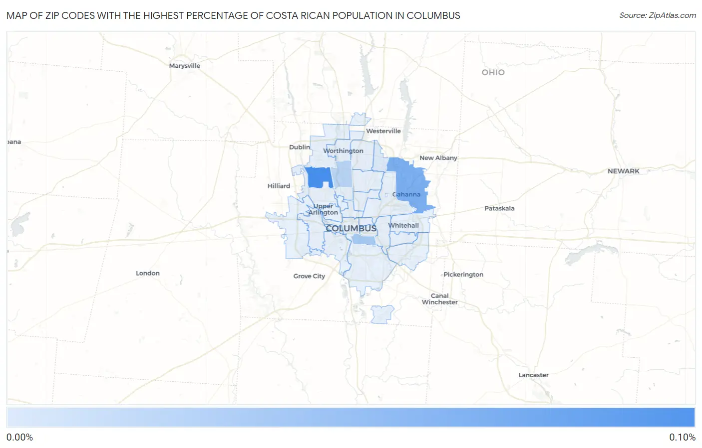 Zip Codes with the Highest Percentage of Costa Rican Population in Columbus Map