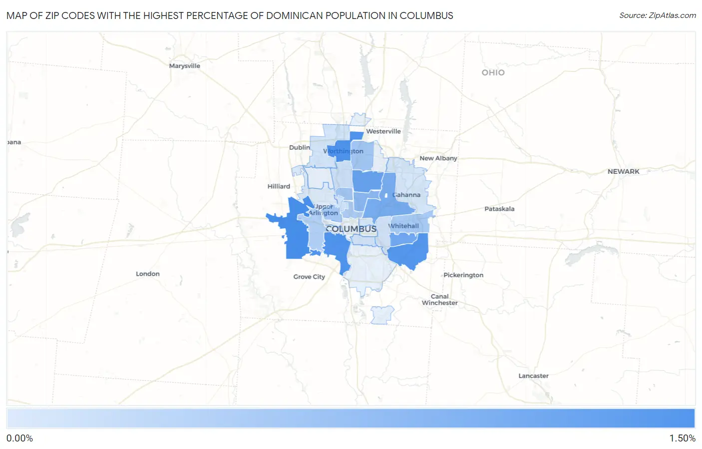 Zip Codes with the Highest Percentage of Dominican Population in Columbus Map