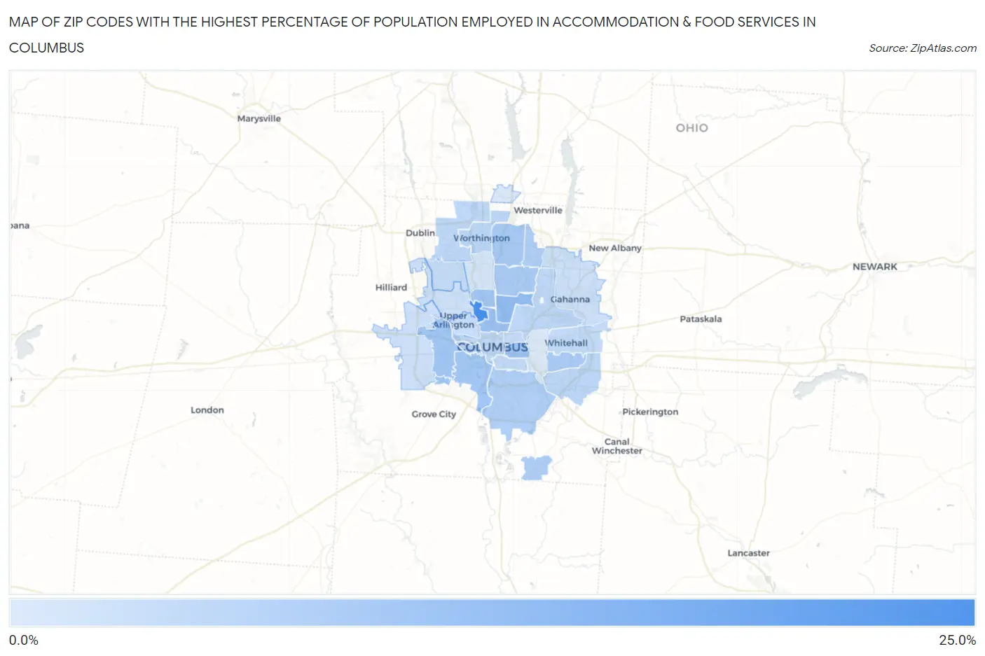 Zip Codes with the Highest Percentage of Population Employed in Accommodation & Food Services in Columbus Map