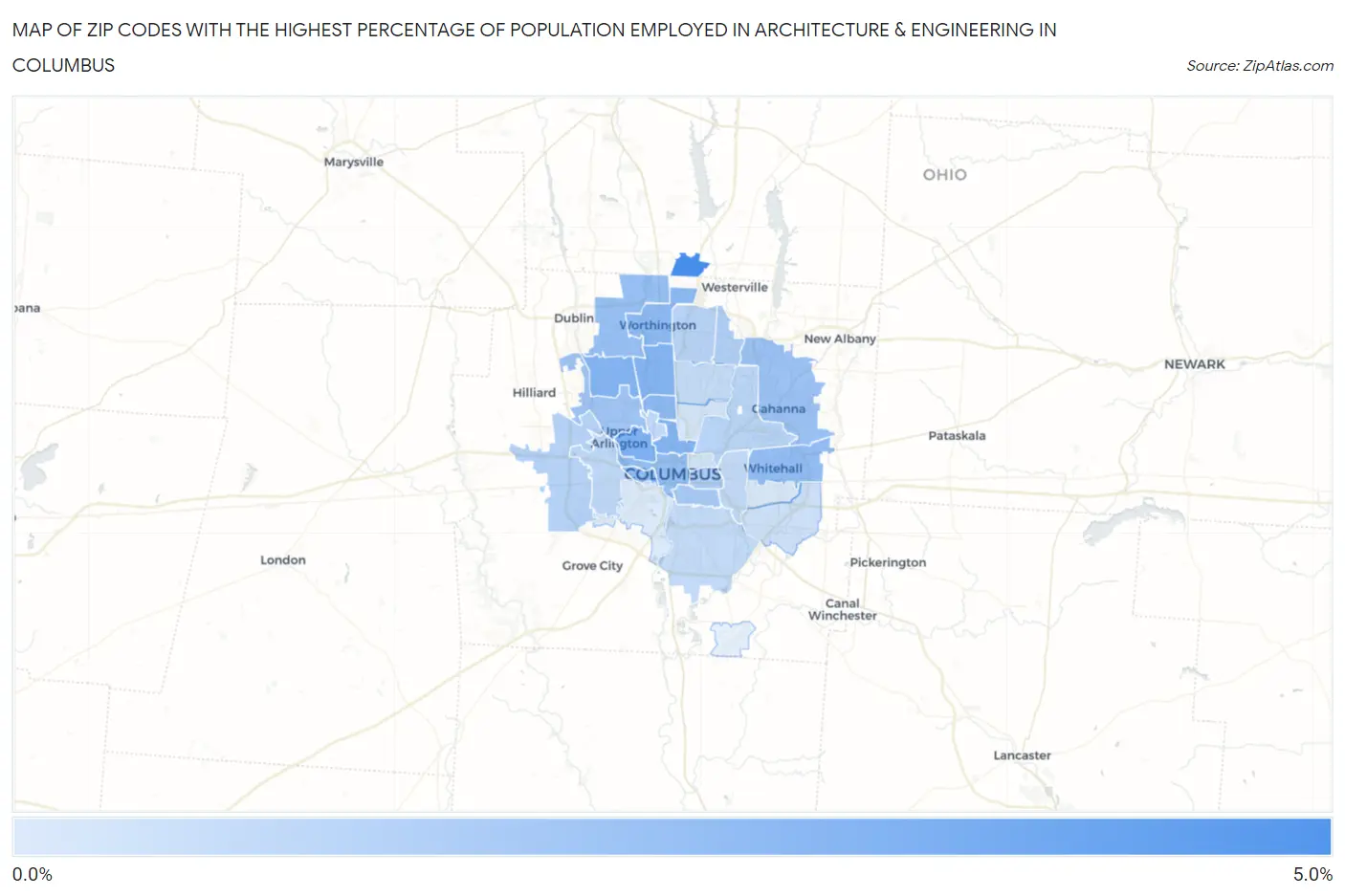 Zip Codes with the Highest Percentage of Population Employed in Architecture & Engineering in Columbus Map