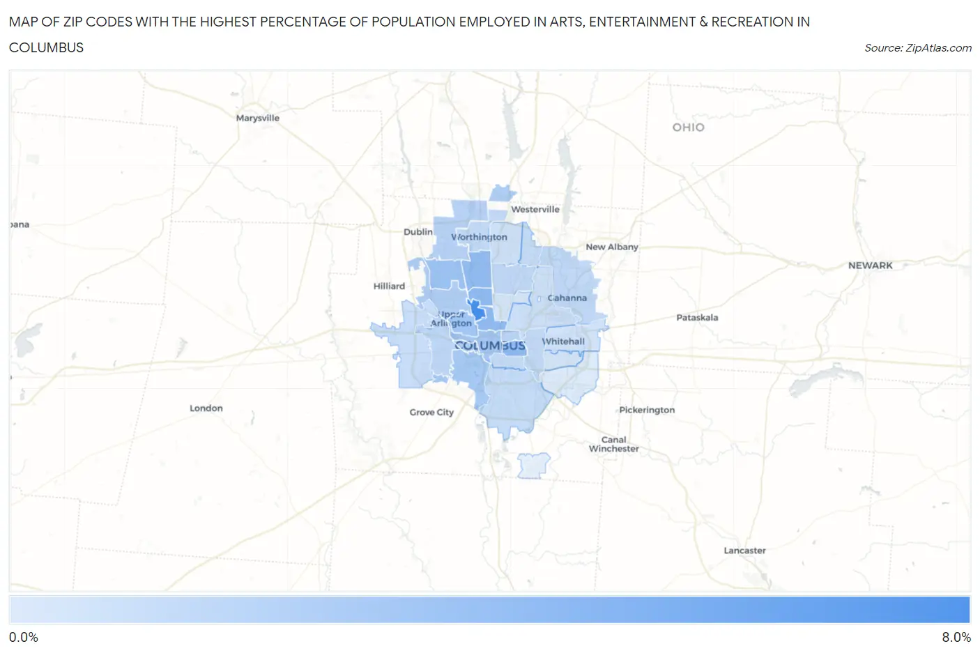 Zip Codes with the Highest Percentage of Population Employed in Arts, Entertainment & Recreation in Columbus Map