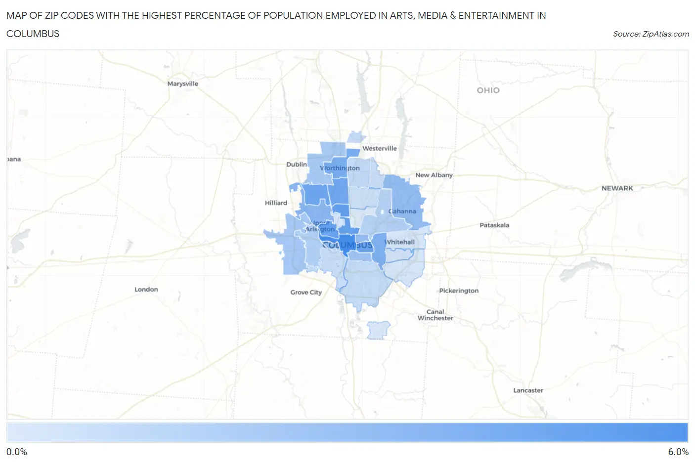Zip Codes with the Highest Percentage of Population Employed in Arts, Media & Entertainment in Columbus Map