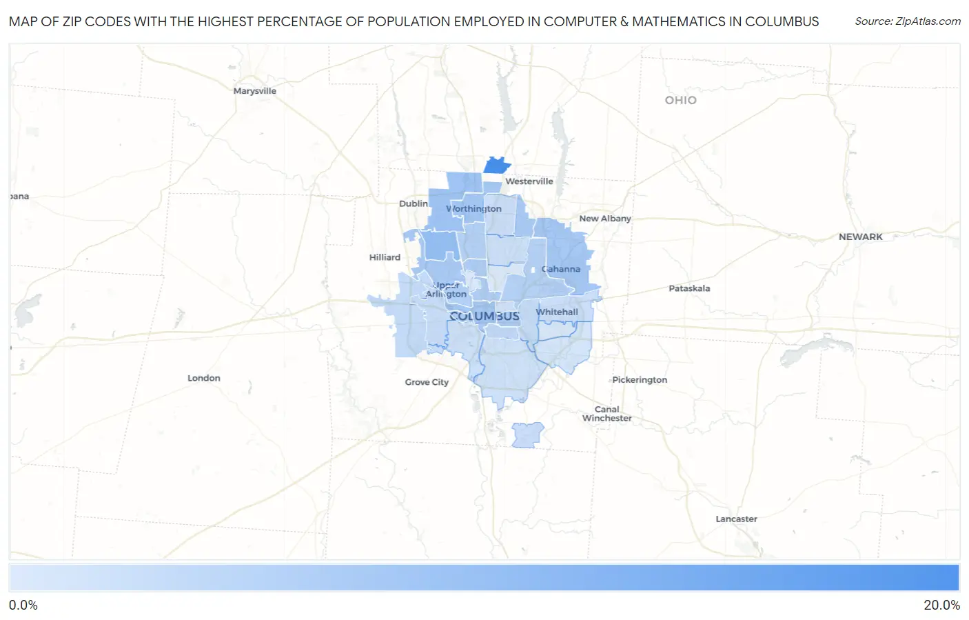 Zip Codes with the Highest Percentage of Population Employed in Computer & Mathematics in Columbus Map