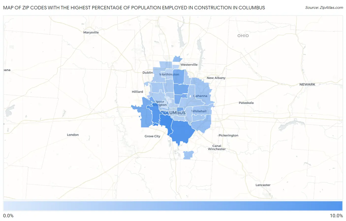 Zip Codes with the Highest Percentage of Population Employed in Construction in Columbus Map