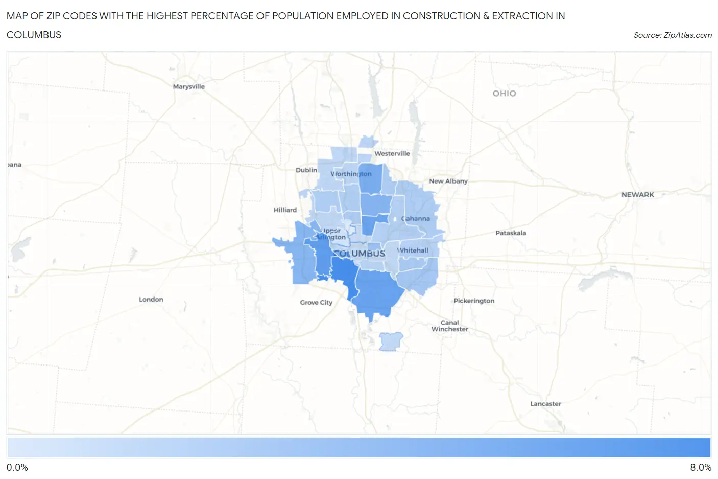 Zip Codes with the Highest Percentage of Population Employed in Construction & Extraction in Columbus Map