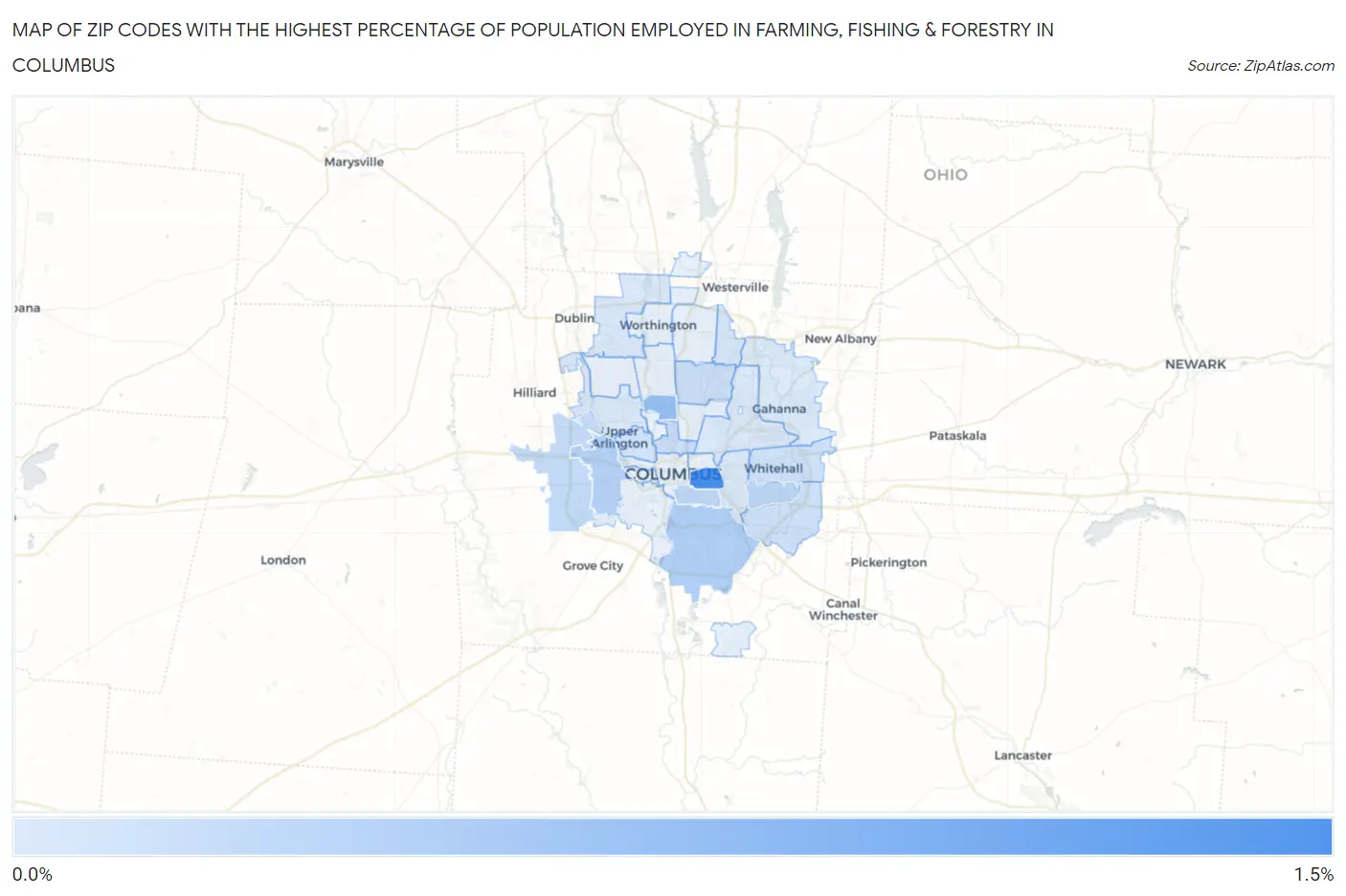 Zip Codes with the Highest Percentage of Population Employed in Farming, Fishing & Forestry in Columbus Map