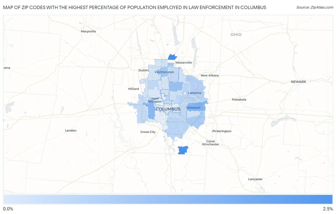 Zip Codes with the Highest Percentage of Population Employed in Law Enforcement in Columbus Map