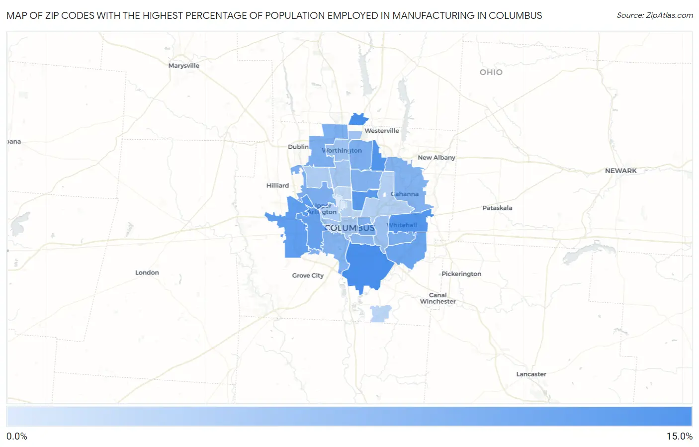 Zip Codes with the Highest Percentage of Population Employed in Manufacturing in Columbus Map