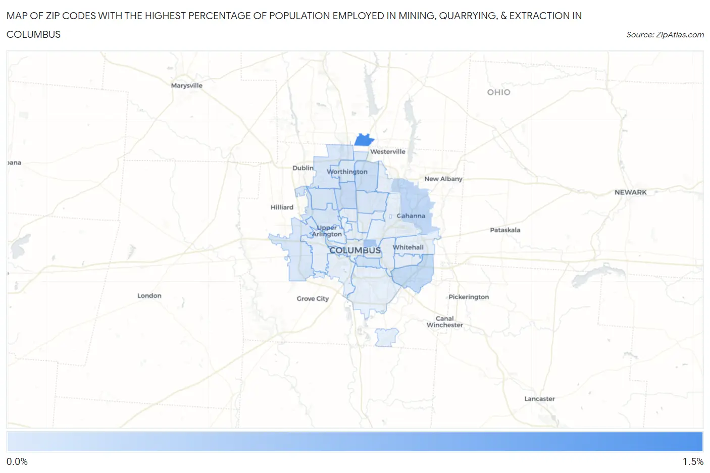 Zip Codes with the Highest Percentage of Population Employed in Mining, Quarrying, & Extraction in Columbus Map