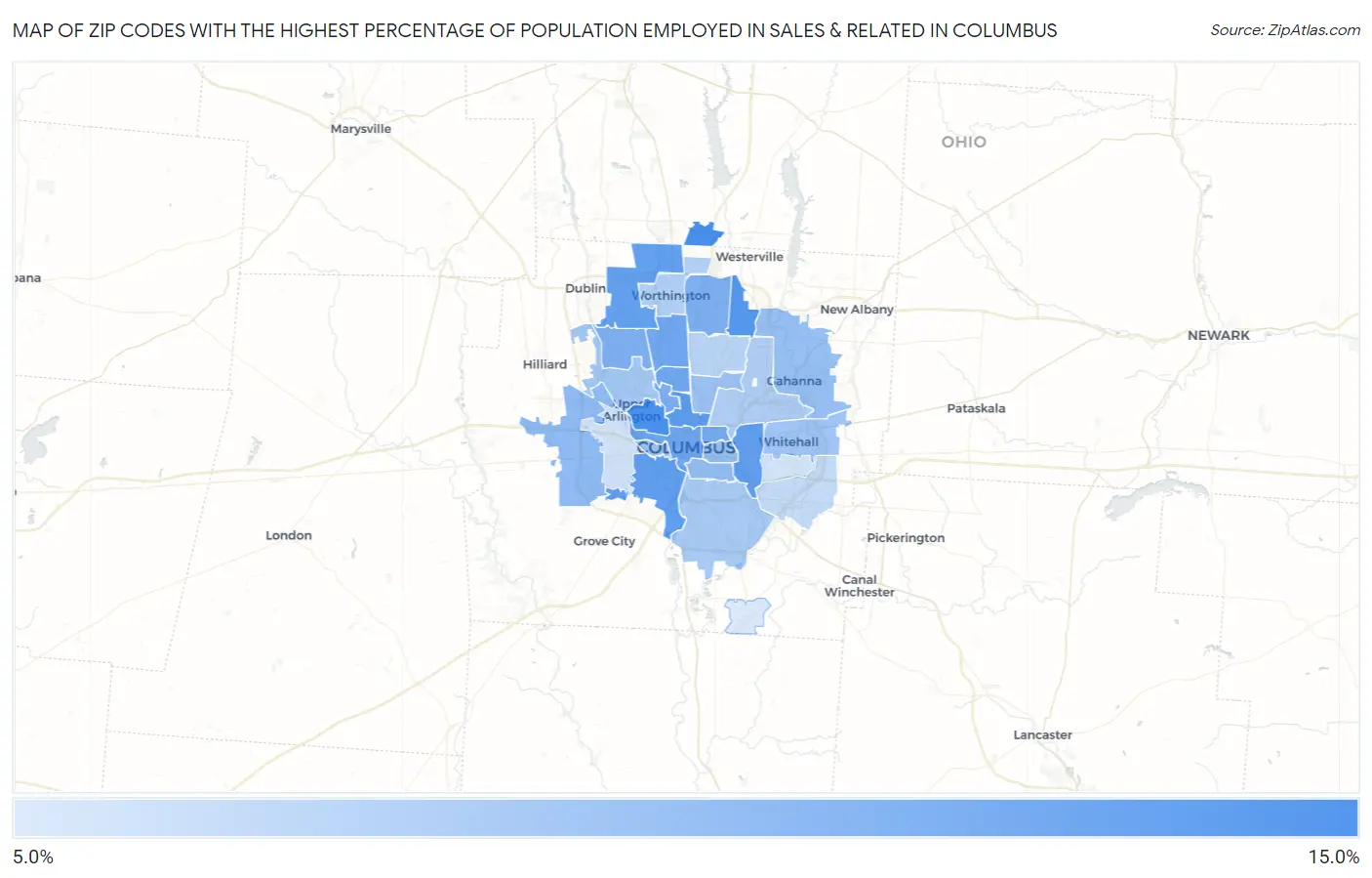 Zip Codes with the Highest Percentage of Population Employed in Sales & Related in Columbus Map