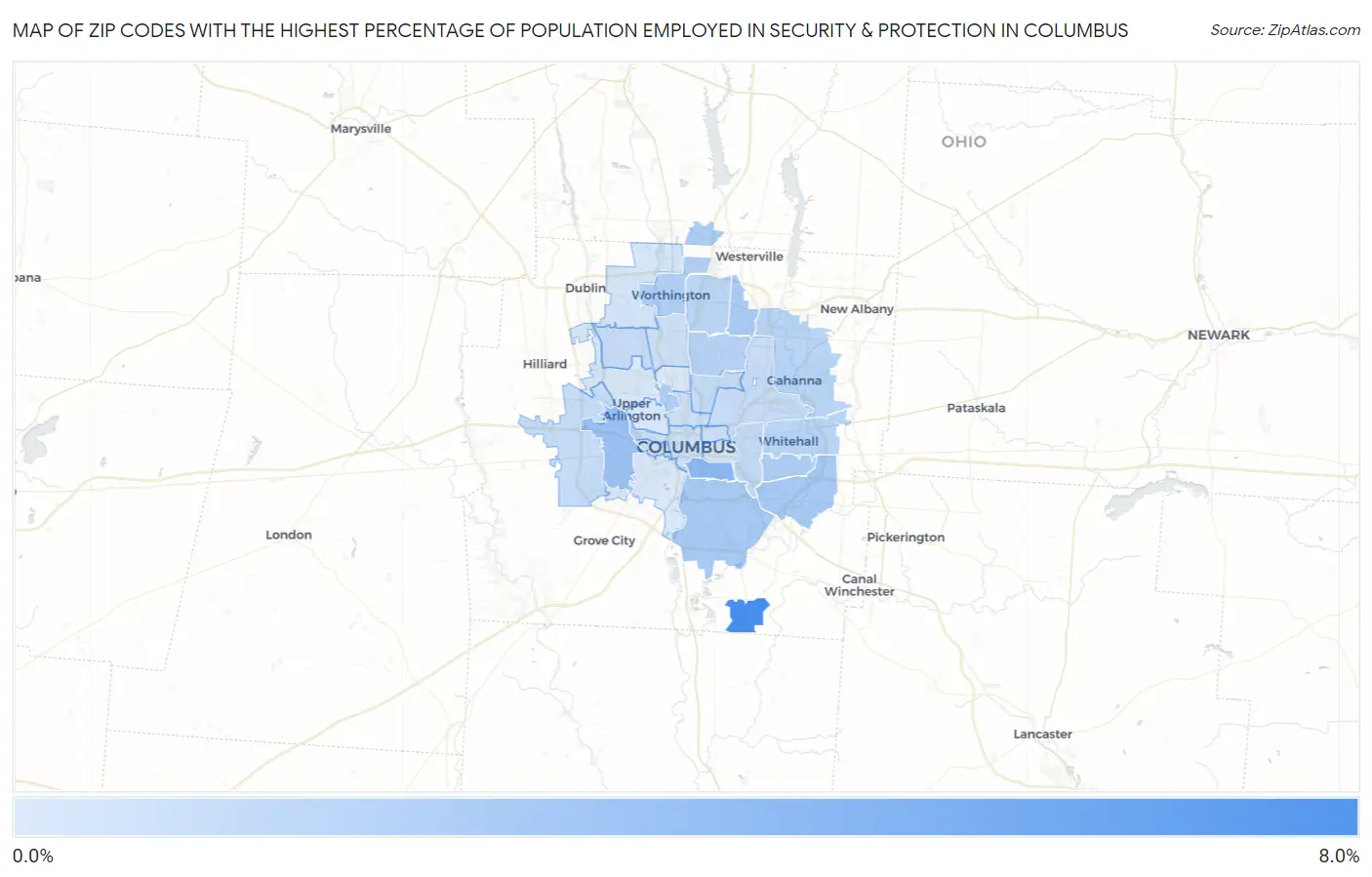 Zip Codes with the Highest Percentage of Population Employed in Security & Protection in Columbus Map