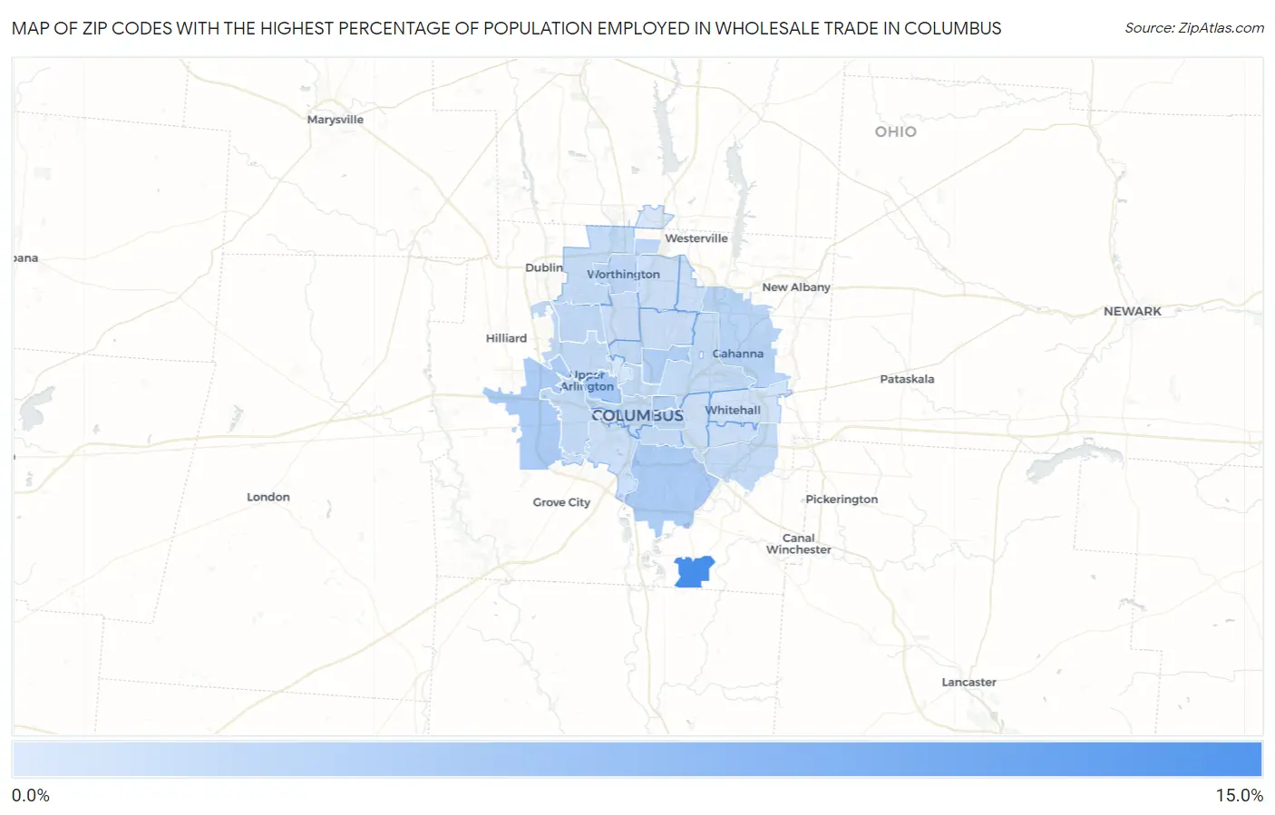 Zip Codes with the Highest Percentage of Population Employed in Wholesale Trade in Columbus Map