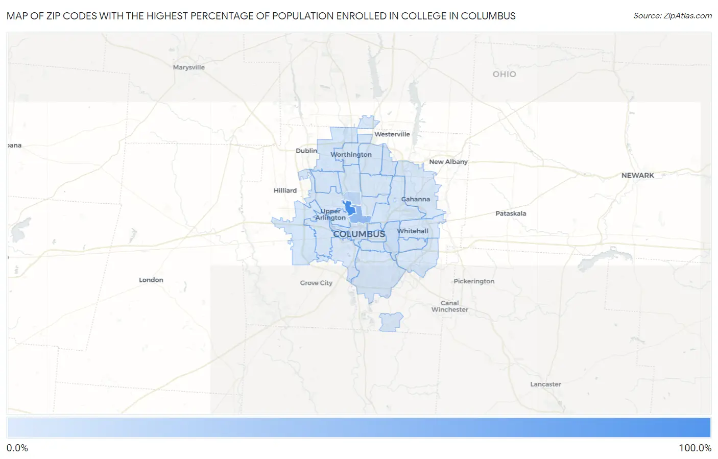 Zip Codes with the Highest Percentage of Population Enrolled in College in Columbus Map