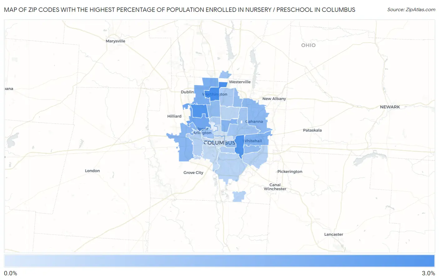 Zip Codes with the Highest Percentage of Population Enrolled in Nursery / Preschool in Columbus Map
