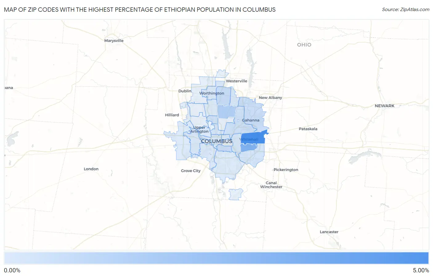 Zip Codes with the Highest Percentage of Ethiopian Population in Columbus Map