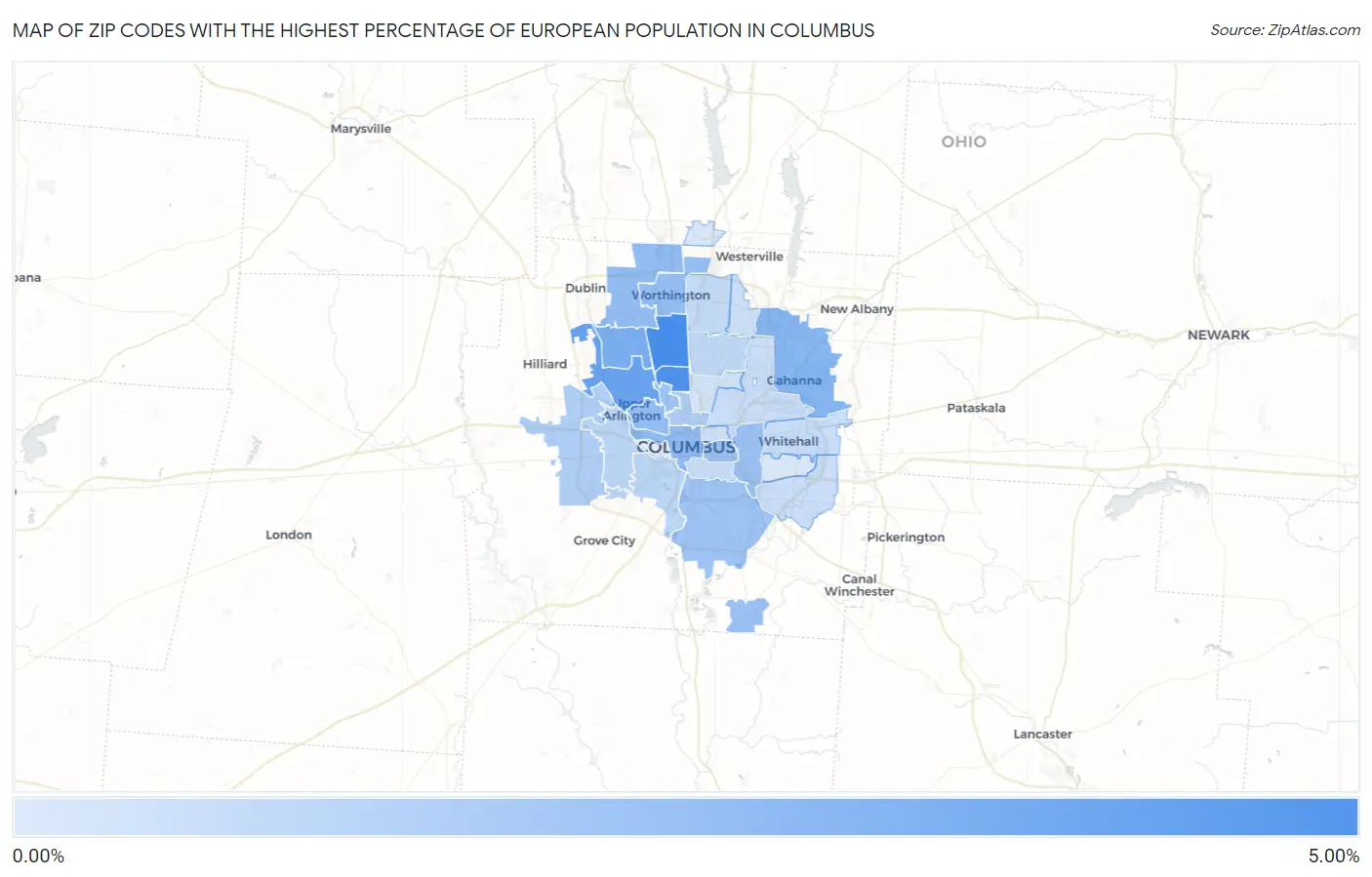 Zip Codes with the Highest Percentage of European Population in Columbus Map