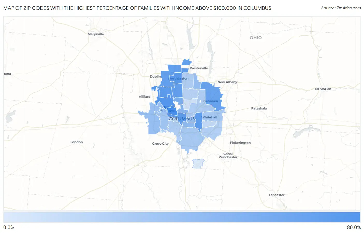 Zip Codes with the Highest Percentage of Families with Income Above $100,000 in Columbus Map