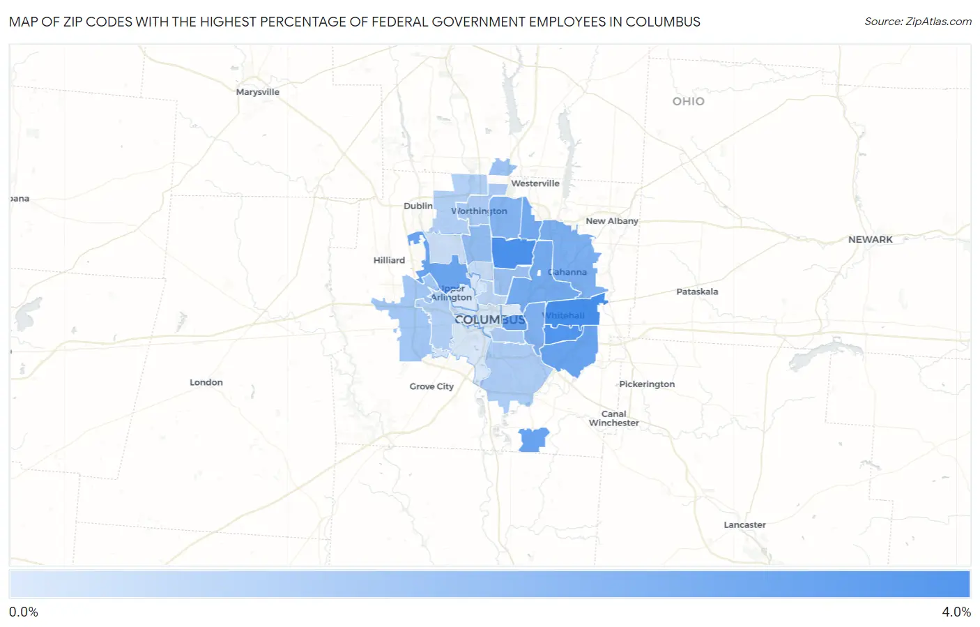 Zip Codes with the Highest Percentage of Federal Government Employees in Columbus Map
