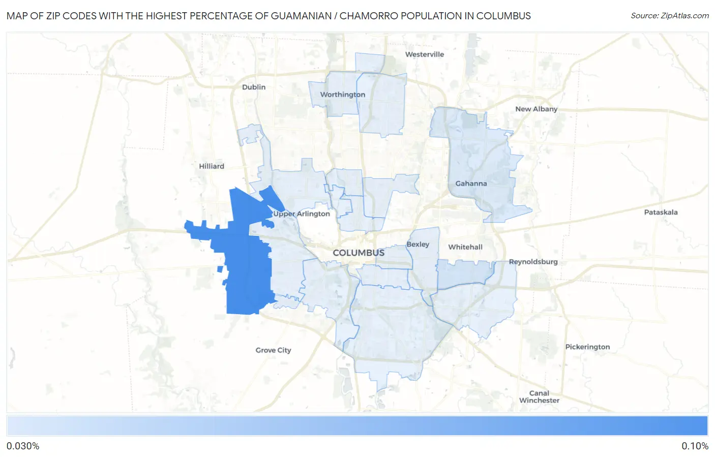 Zip Codes with the Highest Percentage of Guamanian / Chamorro Population in Columbus Map